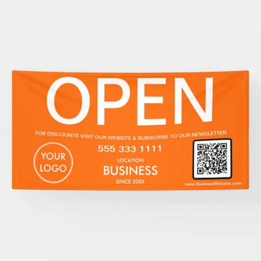 Banderoles OPEN Modern Orange Business Logo Code QR (Horizontal)