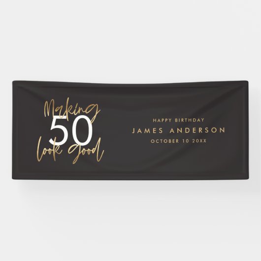 Banderoles Or noir moderne anniversaire simple élégant script (Horizontal)