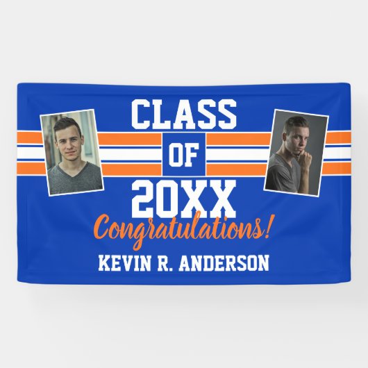 Banderoles Orange and Blue Graduation Photo Félicitations (Horizontal)