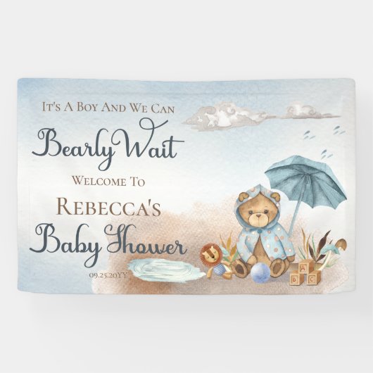 Banderoles Ours | Baby shower Bearly Wait Boy Parapluie bleu (Horizontal)
