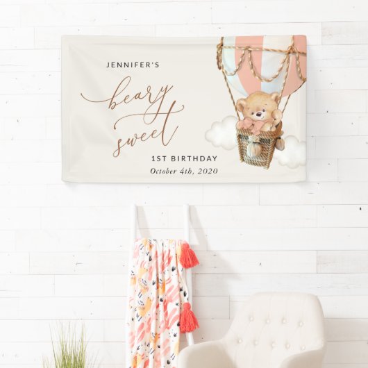 Banderoles Ours, Ballons à air chaud rose, premier anniversai (En situation)