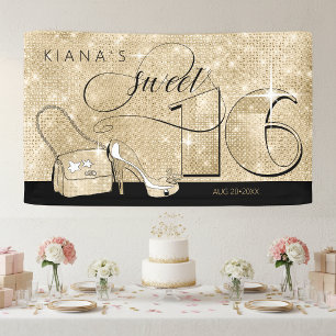 Banderoles Paillettes et Brillant Sweet 16 Noir/Or ID675