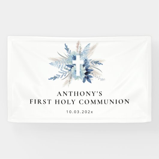 Banderoles pampas herbe bleu floral premier signe de communio (Horizontal)