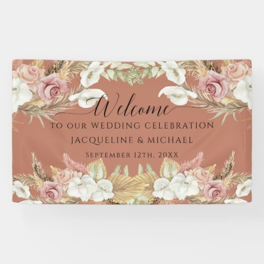 Banderoles Pampas Terra Cotta Blush Rose Floral Plage Mariage (Horizontal)