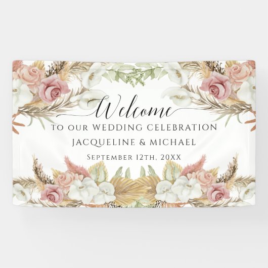 Banderoles Pampas Vert Blush rose Plage Floral Mariage (Horizontal)