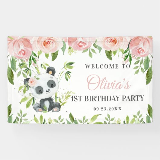 Banderoles Panda rose pâle Vert Floral Bambou fond B (Horizontal)