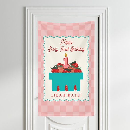 Banderoles Panier de chèques fraises 1er anniversaire