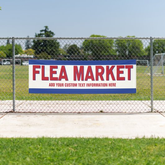 Banderoles Panneau Marché Flea rouge et bleu avec texte perso (En situation)