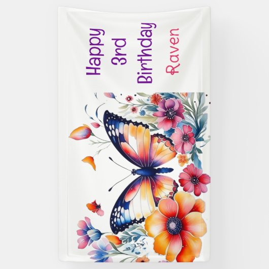 Banderoles Papillon en fleurs Fille d'anniversaire fille (Vertical)