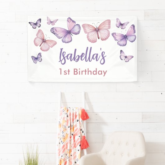 Banderoles Papillon floral rose pourpre fille 1er anniversair (En situation)
