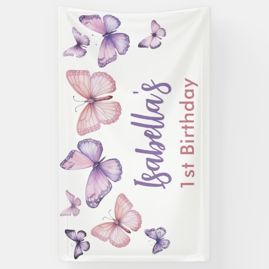 Banderoles Papillon floral rose pourpre fille 1er anniversair (Vertical)