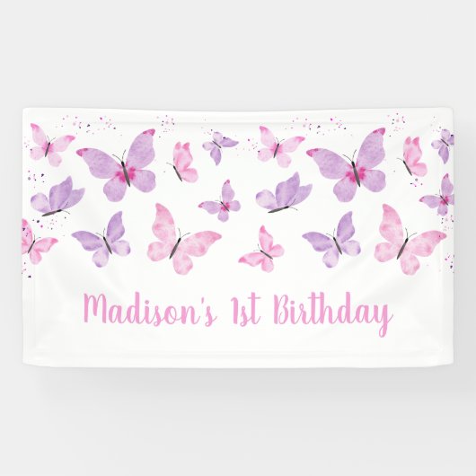 Banderoles Papillon rose violet Anniversaire (Horizontal)
