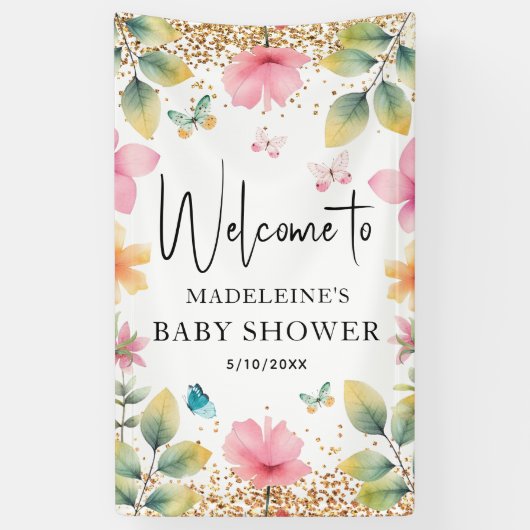 Banderoles Papillons Fleurs Baby shower rose Accueil (Vertical)