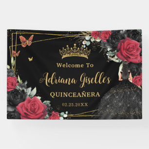 Banderoles Papillons floraux Rose noirs rouges Quinceañera 16