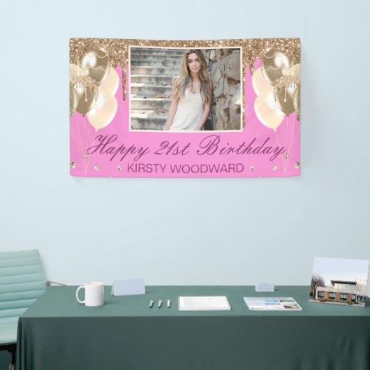 Banderoles Parties scintillant à goutte rose et or et ballons (Salon professionnel)