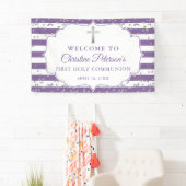 Banderoles Parties scintillant Argent Purple Première Communi (En situation)