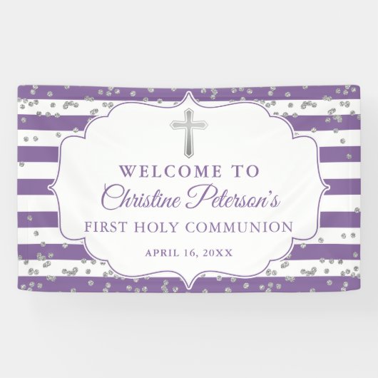 Banderoles Parties scintillant Argent Purple Première Communi (Horizontal)