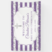 Banderoles Parties scintillant Argent Purple Première Communi (Vertical)