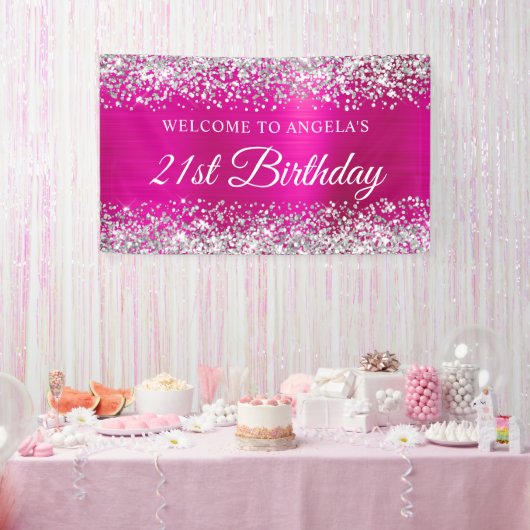 Banderoles Parties scintillant d'argent Hot Pink Foil 21e ann (Fête)