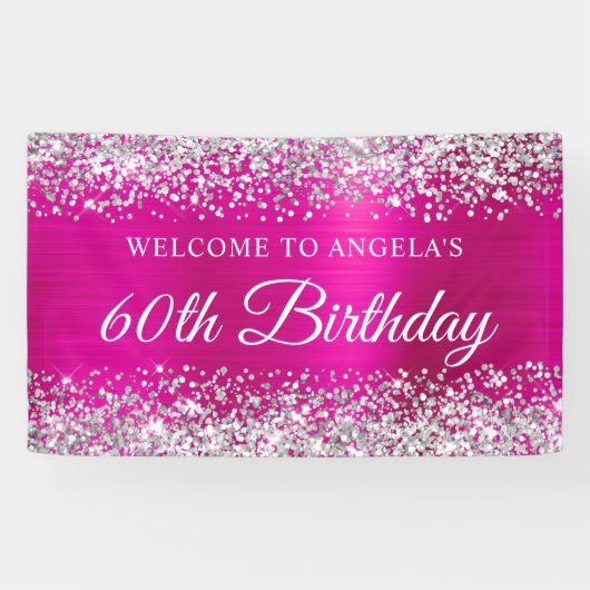 Banderoles Parties scintillant d'argent Hot Pink Foil 60e ann (Horizontal)