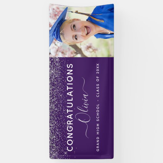 Banderoles parties scintillant de graduation 2023 Argent viol (Vertical)