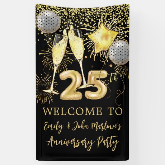Banderoles parties scintillant d'or 25e anniversaire Confetti (Vertical)