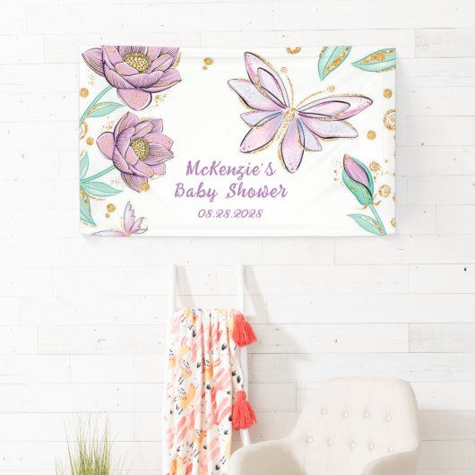 Banderoles Parties scintillant d'or papillon et Baby shower F (En situation)