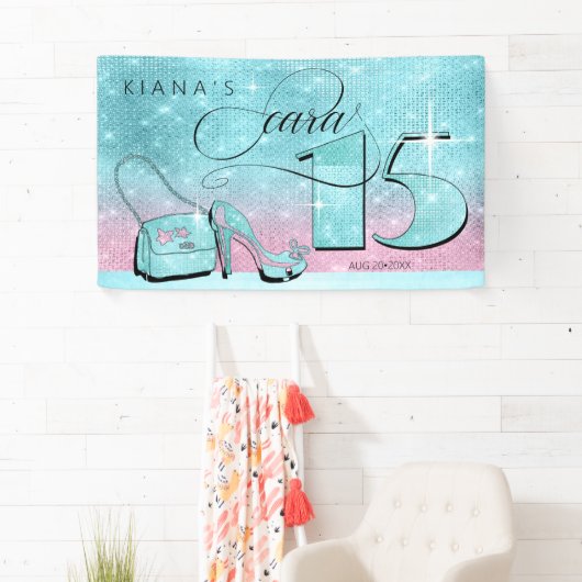 Banderoles Parties scintillant et brillant Quinceanera Turquo (En situation)