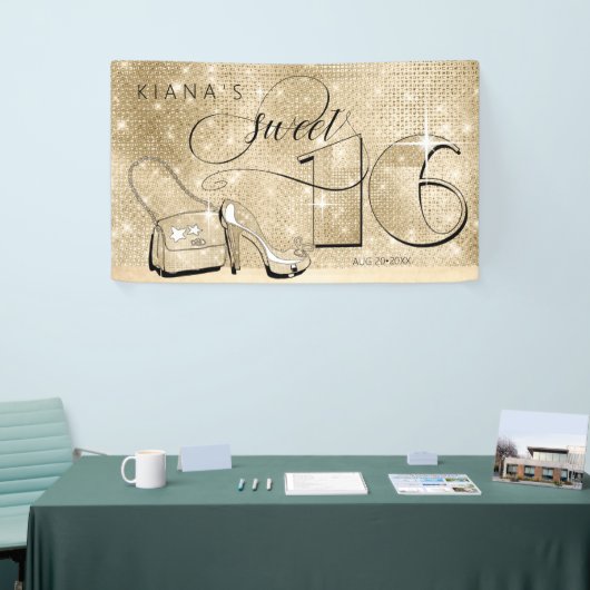 Banderoles Parties scintillant et brillant Sweet 16 Gold Hor  (Salon professionnel)