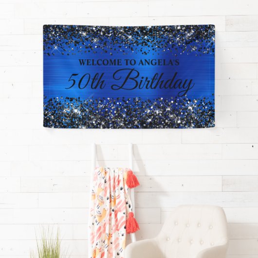 Banderoles Parties scintillant noire Royal Blue 50th Birthday (En situation)