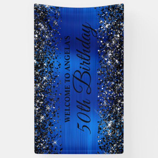 Banderoles Parties scintillant noire Royal Blue 50th Birthday (Vertical)