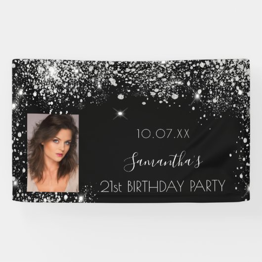 Banderoles Parties scintillant photo noir argent d'anniversai (Horizontal)