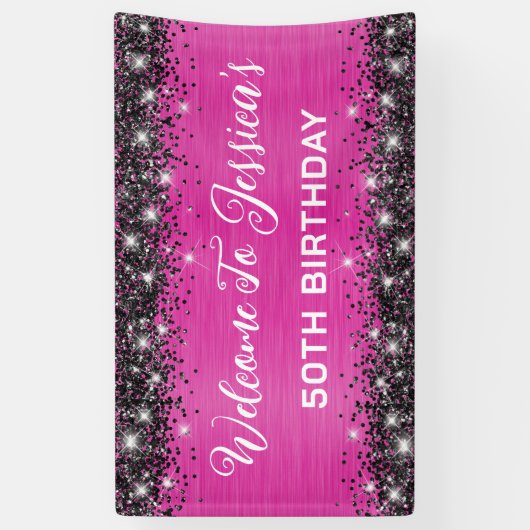 Banderoles Parties scintillant rose et noire chaude 50e anniv (Vertical)