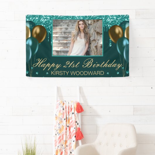 Banderoles Parties scintillant turquoise avec Ballons d'or An (En situation)