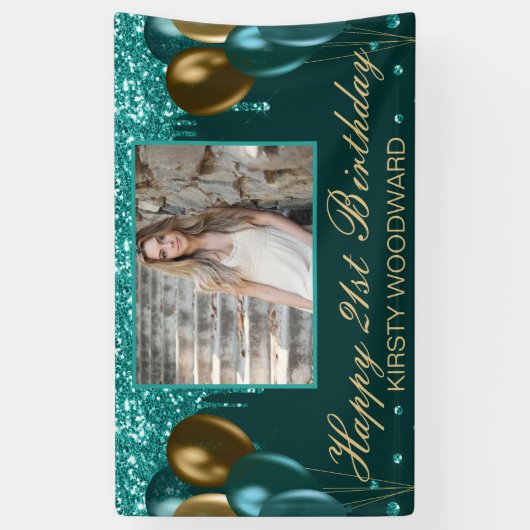 Banderoles Parties scintillant turquoise avec Ballons d'or An (Vertical)