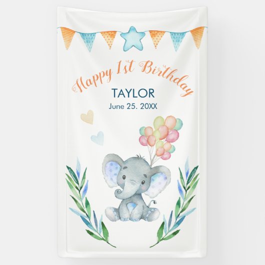 Banderoles Pastel Elephant Blush Blue Star Joyeux anniversair (Vertical)