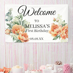 Banderoles Peach Coral Green Welcome First Birthday Sign