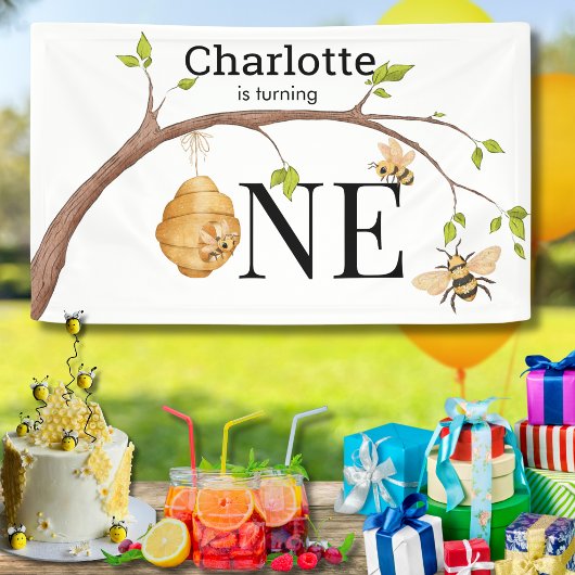 Banderoles Personalized Turning One Bee Themed Birthday Party