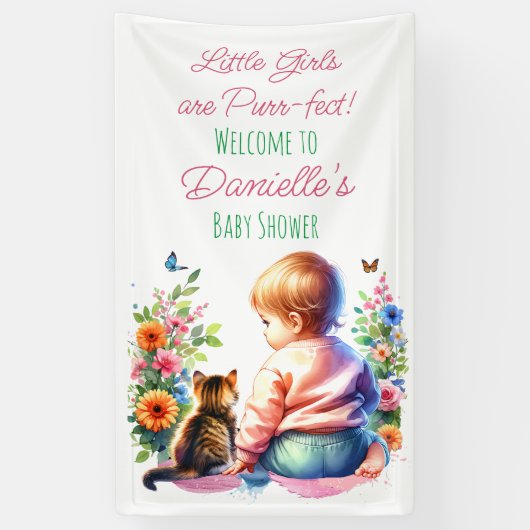 Banderoles Petite fille et chaton | Baby shower aquarelle (Vertical)