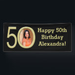 Banderoles Photo 50th Birthday Party Banner Black/Gold<br><div class="desc">Téléchargez votre photo numérique pour une bannière de fête du 50e anniversaire imprimée sur mesure ! Arrière - plan noir solide avec lettres d'or et cadre photo or où l'image va à l'intérieur du numéro cinquante. Célébrez pour son cinquantième en style avec un panneau personnalisé de bannière de fête intérieure...</div>