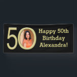 Banderoles Photo 50th Birthday Party Banner Black/Gold<br><div class="desc">Téléchargez votre photo numérique pour une bannière de fête du 50e anniversaire imprimée sur mesure ! Arrière - plan noir solide avec lettres d'or et cadre photo or où l'image va à l'intérieur du numéro cinquante. Célébrez pour son cinquantième en style avec un panneau personnalisé de bannière de fête intérieure...</div>