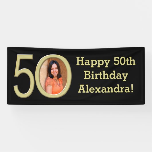 Banderoles Photo 50th Birthday Party Banner Black/Gold (Horizontal)