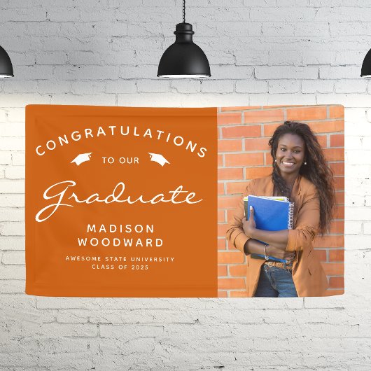 Banderoles Photo Burnt Orange White Script Graduation 2025