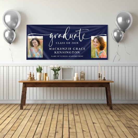Banderoles Photo de script moderne Marine Bleu Graduation