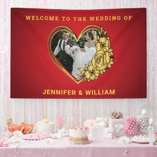 Banderoles Photo Mariage Rouge Et Or En Forme De Coeur