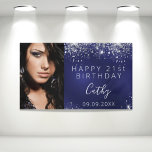 Banderoles Photo personnalisée Anniversaire bleu argent banni<br><div class="desc">Celebrating a 21st (or any age) milestone birthday for a girl/woman. A dark blue background. La couleur bleue est inédite. Decorated with faux silver glitter dust. Personalize and add your own photo of the birthday girl. Use a vertical/portrait photo. The text: The name in gray with a modern hand lettered...</div>