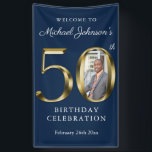 Banderoles Photo personnalisée Marine Blue 50th Birthday Soli<br><div class="desc">Bannière photo marine Blue 50th Birthday Solid Gold Custom. Conception simple mais classe de thème d'anniversaire avec l'année de naissance jalon dans l'effet de texte en or solide! Design élégant pour tout genre, homme ou femme. C'est certainement une façon solide de célébrer votre anniversaire ! Consultez la collection pour coordonner...</div>