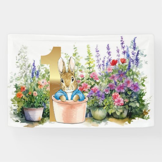 Banderoles Pierre le lapin dans le jardin Premier anniversair (Horizontal)