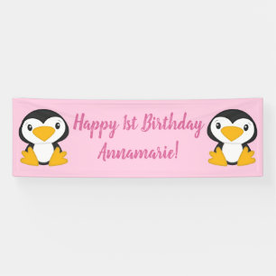 Banderoles Pingouin Anniversaire rose