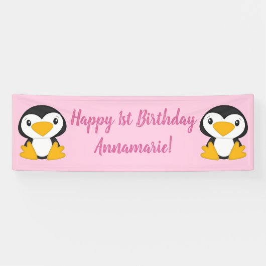 Banderoles Pingouin Anniversaire rose (Horizontal)